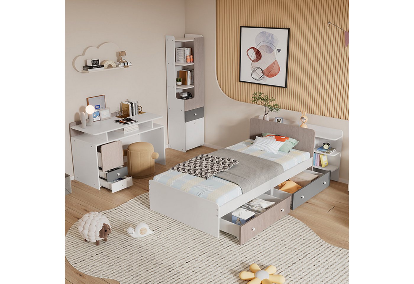 MODFU Einzelbett Kinderbett (Komplettschlafzimmer Set, Einzelbett + Schreibtisch + Bücherregal, mit Regale, mit Schubladen, MDF + Mehrschichtplatte, 90x200cm), ohne Matratze von MODFU