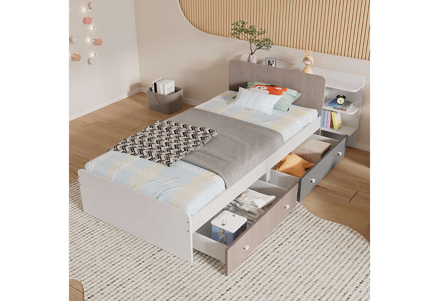 MODFU Einzelbett Kinderbett (mit Regale und Schubladen, Auswechselbare linke und rechte Regale, Jugendbett, 90x200cm), ohne Matratze von MODFU