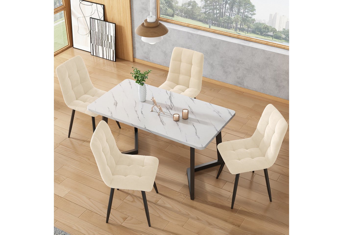 MODFU Essgruppe Ein Tisch und vier Stühle, (5-tlg), Küchetisch Esszimmerstuhl Set, Metallbeine von MODFU