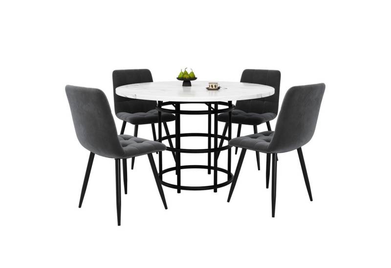 MODFU Essgruppe Esstisch mit 4 Stühlen, (5-teiliges Esstisch-Set – 100 cm runder Tisch mit MDF-Marmorplatte und 4 grauen Samt-Stühlen., 5-tlg) von MODFU