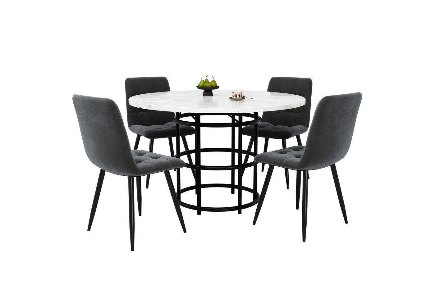 MODFU Essgruppe Esstisch mit 4 Stühlen, (5-teiliges Esstisch-Set – 100 cm runder Tisch mit MDF-Marmorplatte und 4 grauen Samt-Stühlen., 5-tlg) von MODFU