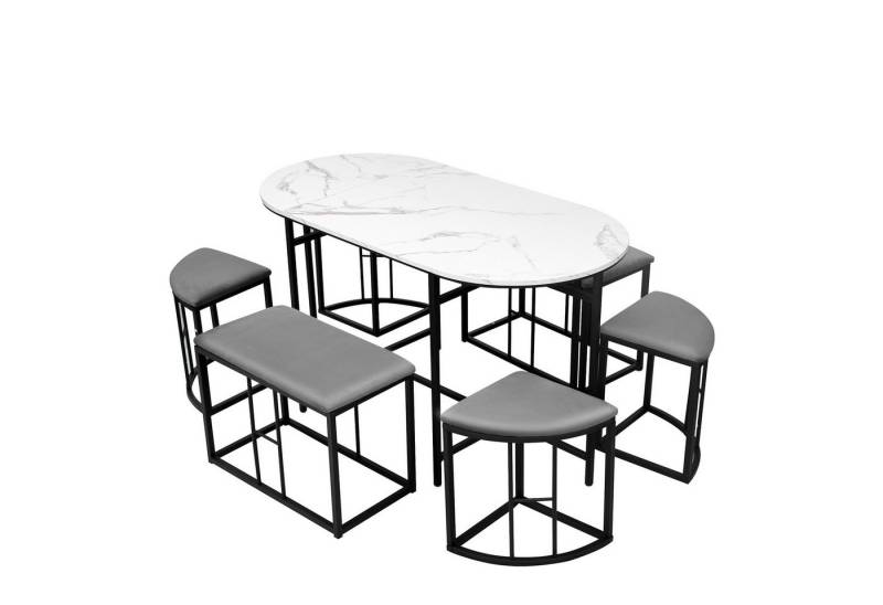MODFU Essgruppe Esstisch mit 4 Stühlen, (7-tlg., 140*70*76cm, belastbar 120 kg), Küchen Esstisch Set ausStahlrahmen Moderner weißer und Schwarz von MODFU
