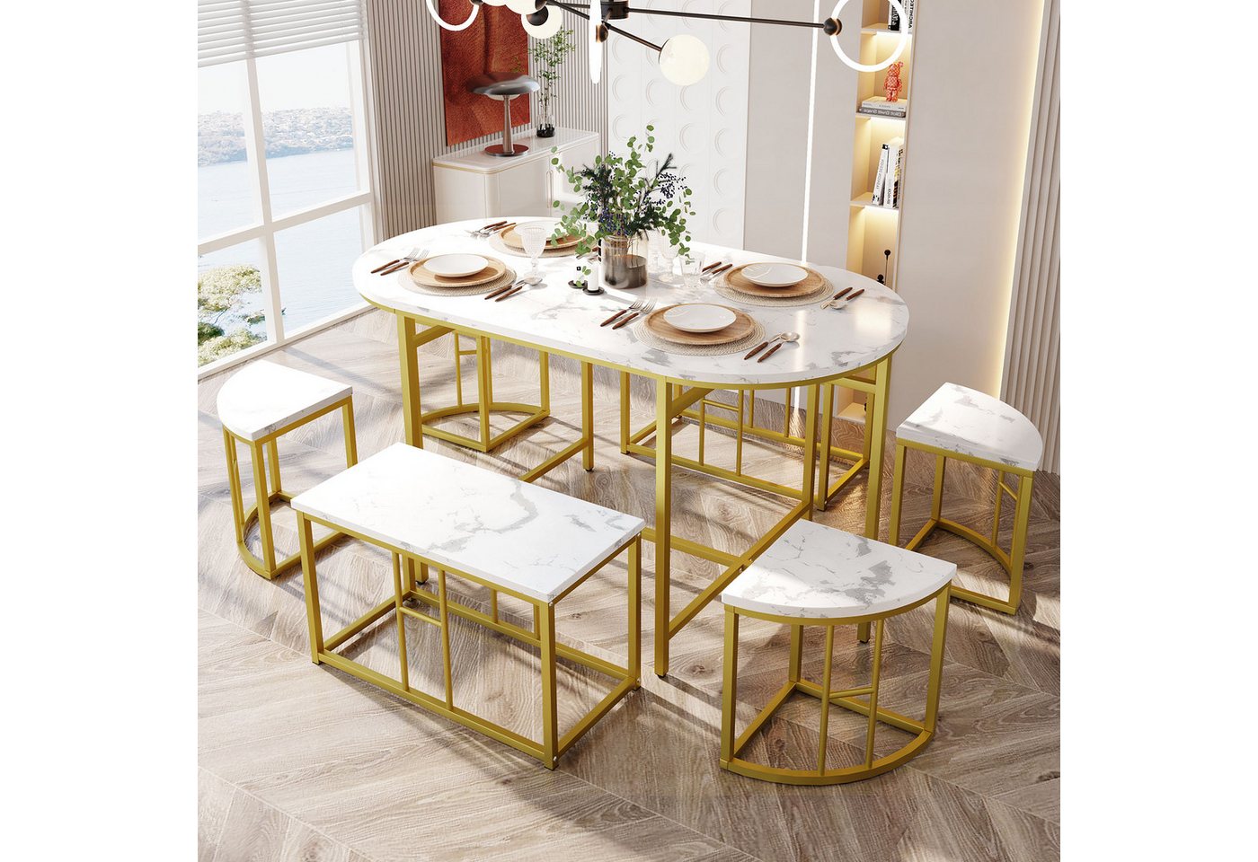 MODFU Essgruppe Esstisch mit 4 Stühlen, (7-tlg., 140*70*76cm, belastbar 120 kg), MDF-Sitzfläche Küchen Esstisch Set ausStahlrahmen von MODFU