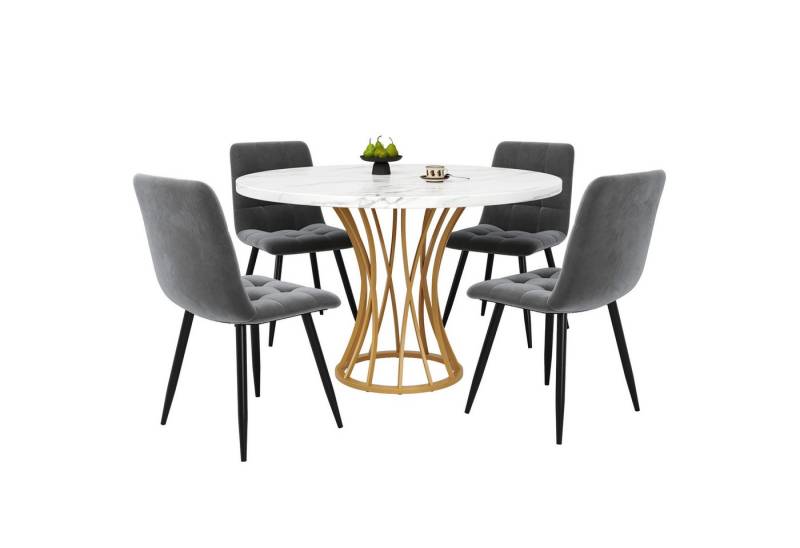 MODFU Essgruppe Esstisch mit 4 Stühlen, (Esstisch-Set (5 Teile) – Runder Küchentisch mit 80 cm, weiße Marmoroptik, goldene Metallbeine, 4 Samtstühle, verstellbare Füße., 5-tlg) von MODFU
