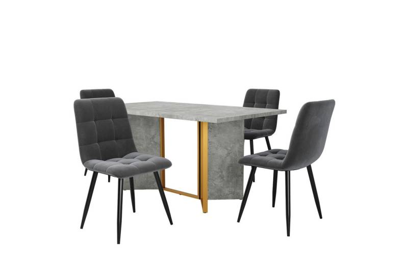 MODFU Essgruppe Esstisch mit 4 Stühlen, (Esstisch-Set (5-teilig), 5-tlg., 1 Esstisch in Zementfarbe, 4 Esszimmerstühlen aus Samt), geeignet für Esszimmer und Wohnzimmer von MODFU