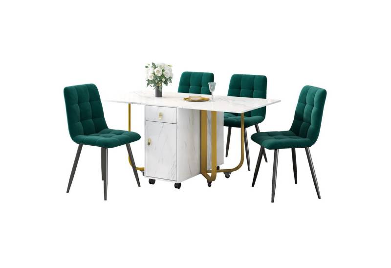 MODFU Essgruppe Esstisch mit 4 Stühlen, (Klappbarer Küchentisch Set, Samt Esszimmerstühle, 5-tlg., Tischplatte mit Marmormuster), mit ausziehbarer Tisch,Polsterstuhl mit Rückenlehne von MODFU