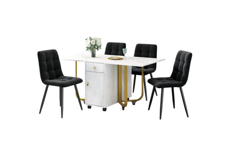 MODFU Essgruppe Esstisch mit 4 Stühlen, (Klappbarer Küchentisch Set, Samt Esszimmerstühle, 5-tlg., Tischplatte mit Marmormuster), mit ausziehbarer Tisch,Polsterstuhl mit Rückenlehne von MODFU