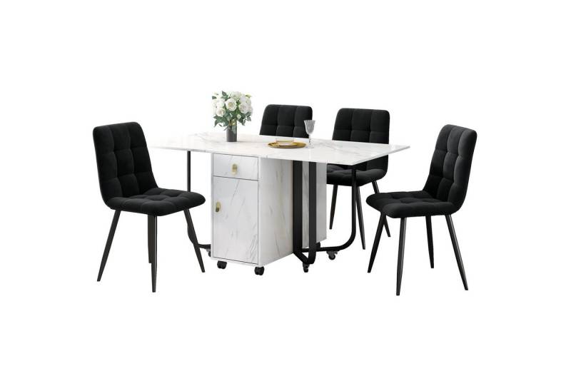 MODFU Essgruppe Esstisch mit 4 Stühlen, (Klappbarer Küchentisch Set, Samt Esszimmerstühle, 5-tlg., Tischplatte mit Marmormuster), mit ausziehbarer Tisch,Polsterstuhl mit Rückenlehne von MODFU
