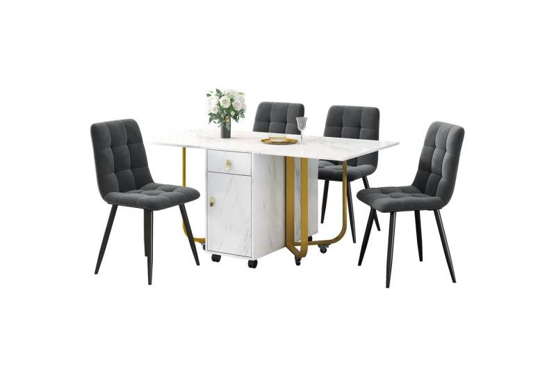 MODFU Essgruppe Esstisch mit 4 Stühlen, (Klappbarer Küchentisch Set, Samt Esszimmerstühle, 5-tlg., Tischplatte mit Marmormuster), mit ausziehbarer Tisch,Polsterstuhl mit Rückenlehne von MODFU