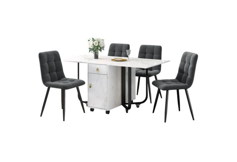MODFU Essgruppe Esstisch mit 4 Stühlen, (Klappbarer Küchentisch Set, Samt Esszimmerstühle, 5-tlg., Tischplatte mit Marmormuster), mit ausziehbarer Tisch,Polsterstuhl mit Rückenlehne von MODFU
