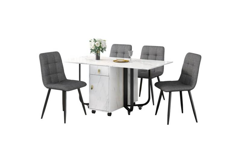 MODFU Essgruppe Esstisch mit 4 Stühlen, (Klappbarer Küchentisch Set, Samt Esszimmerstühle, 5-tlg., Tischplatte mit Marmormuster), mit ausziehbarer Tisch,Polsterstuhl mit Rückenlehne von MODFU