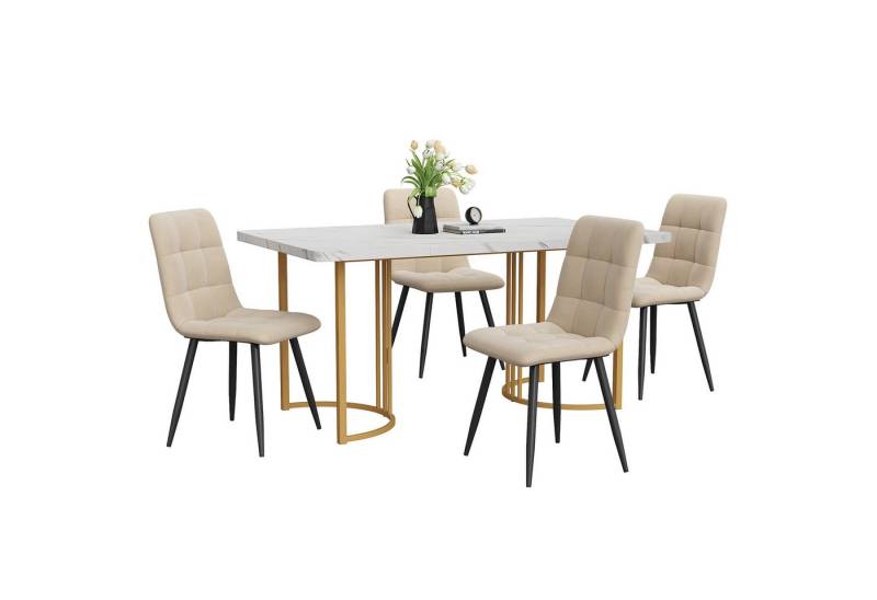 MODFU Essgruppe Esstisch mit 4 Stühlen, (Moderner Küchentisch Set, 5-tlg., mit Samt Esszimmerstühle), 140×80cm Küchentisch mit Metallbeinen, MDF Tischplatte von MODFU