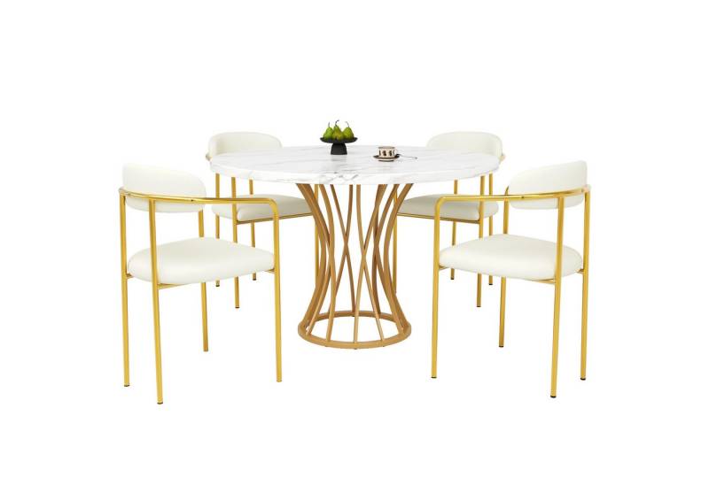 MODFU Essgruppe Esstisch mit 4 Stühlen, (Modernes 5-teiliges Esstisch-Set – Runder Küchentisch (80 cm) mit goldenen Metallbeinen, weiß marmorierte Tischplatte, anpassbare Tischbeine, für Esszimmer & Wohnzimmer, 5-tlg) von MODFU