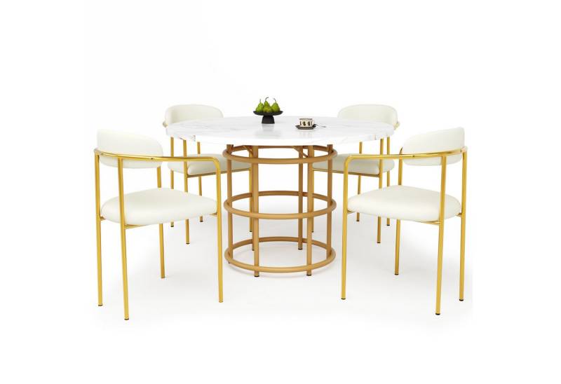 MODFU Essgruppe Esstisch mit 4 Stühlen, (Modernes 5-teiliges Esstisch-Set mit Samtstühlen - Runder MDF-Tisch mit Marmoroptik & vergoldeten Eisenbeinen - Für Esszimmer, Küche & Wohnzimmer, 5-tlg) von MODFU