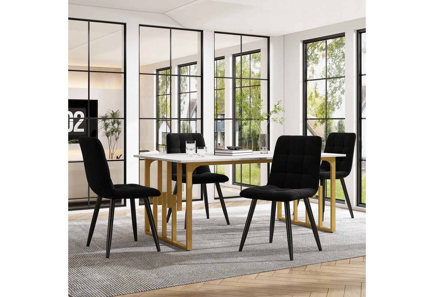 MODFU Essgruppe Esszimmerstuhl, Esstisch mit 4 Stühlen Set Küchetisch Samt, Metallbeine von MODFU