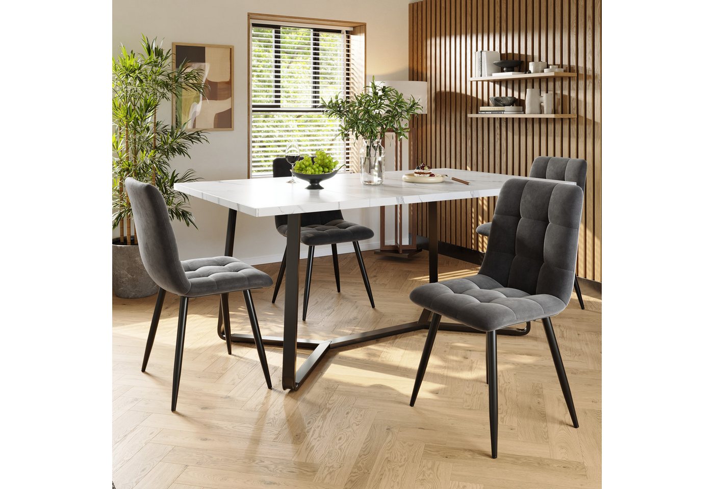 MODFU Essgruppe Moderner Küchentisch Set,Essgruppe, (Modernes Esstisch-Set (5 Stück) mit marmorierter Tischplatte und schwarzen Metallbeinen, 4 graue Samt-Esszimmerstühle, komfortabel und elegant für Esszimmer & Büro, langlebiges Design für 4-6 Personen, 5-tlg), MDF marmorierte Tischplatte von MODFU