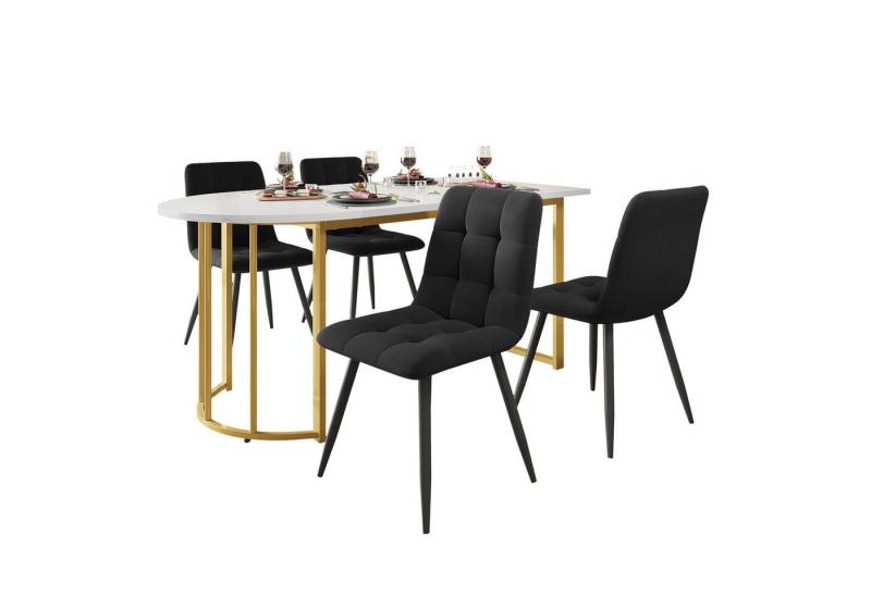 MODFU Essgruppe Sitzgruppe Set, (1 Esstisch und 4 Stühle, 5-tlg., Marmormuster Küchentisch mit Goldfarbener Eisenbeinen), Samt-Esszimmerstuhl von MODFU