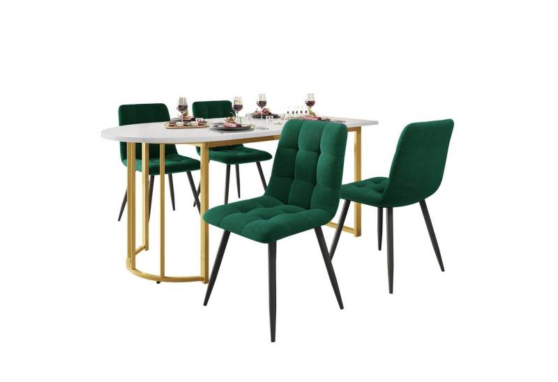 MODFU Essgruppe Sitzgruppe Set, (1 Esstisch und 4 Stühle, 5-tlg., Marmormuster Küchentisch mit Goldfarbener Eisenbeinen), Samt-Esszimmerstuhl von MODFU