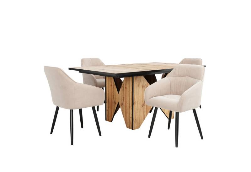 MODFU Essgruppe Sitzgruppe Set, (Esstisch-Set, 5-tlg., 1 Tisch mit 4 Stühlen), Esstisch mit Holzmaserungsmuster, Esszimmerstühle mit Metallbeinen von MODFU