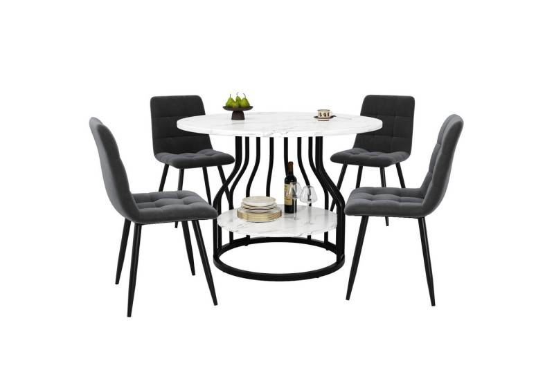 MODFU Essgruppe Stylisches Esstisch,Esszimmerstühle,Esstisch-Set, (5-teiliges Esstisch-Set – Runder 80 cm Küchentisch mit MDF-Marmorplatte, verstellbaren Metallbeinen & 4 grauen Samt-Stühlen – Modernes Esszimmer-Set für 4 Personen., 5-tlg., 80×80×76cm) von MODFU