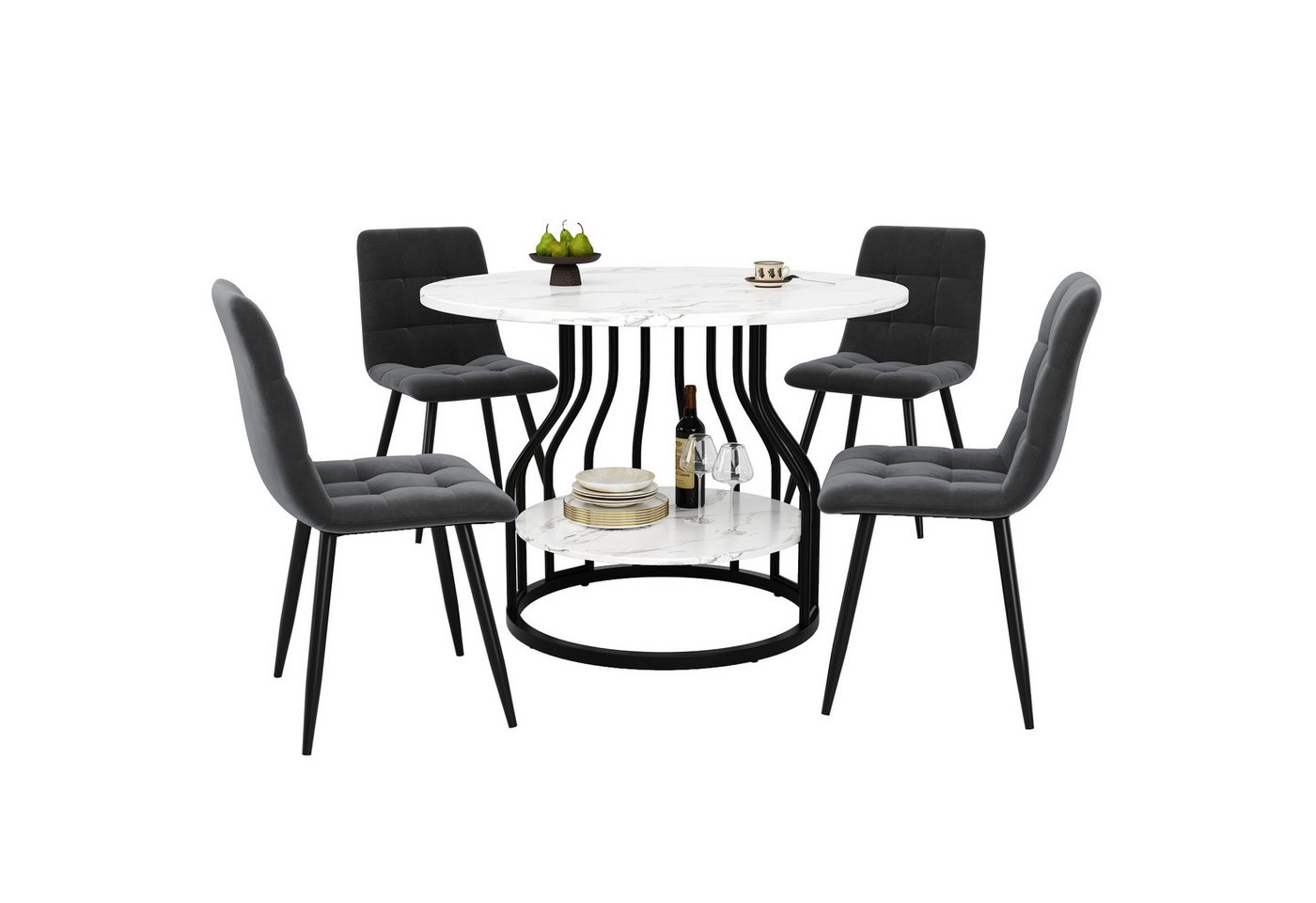 MODFU Essgruppe Stylisches Esstisch,Esszimmerstühle,Esstisch-Set, (5-teiliges Esstisch-Set – Runder 80 cm Küchentisch mit MDF-Marmorplatte, verstellbaren Metallbeinen & 4 grauen Samt-Stühlen – Modernes Esszimmer-Set für 4 Personen., 5-tlg., 80×80×76cm) MODFU Essgruppe Stylisches Esstisch,Esszimmerstühle,Esstisch-Set, (5-teiliges Esstisch-Set – Runder 80 cm Küchentisch mit MDF-Marmorplatte, verstellbaren Metallbeinen & 4 grauen Samt-Stühlen – Modernes Esszimmer-Set für 4 Personen., 5-tlg., 80×80×76cm) von MODFU