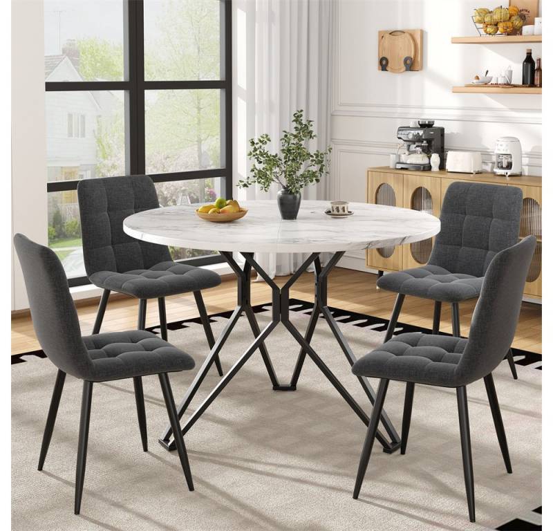 MODFU Essgruppe Stylisches Esstisch,Esszimmerstühle,Esstisch-Set, (Esstisch-Set 5-teilig – Runder Tisch mit Marmor-Muster, verstellbare Metallbeine, 4 graue Samt-Stühle, Ideal für Esszimmer, Küche und Büro, Modernes Design für 4 Personen, 5-tlg) von MODFU