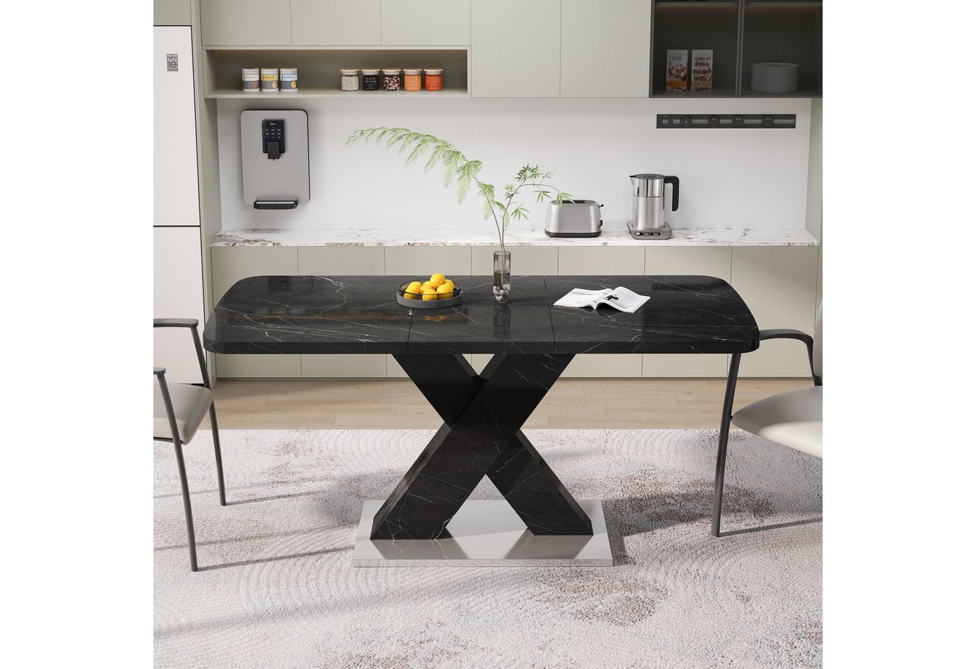 MODFU Esstisch 120-160 cm Ausziehbarer Wohnzimmertisch (Esszimmertische, Marmor-Tischplatte mit Druck, X-förmige MDF-Beine), Beistelltisch, Metallbasis für elegantes Design von MODFU