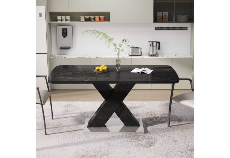 MODFU Esstisch 120-160 cm Ausziehbarer Wohnzimmertisch (Esszimmertische, Marmor-Tischplatte mit Druck, X-förmige MDF-Beine), Beistelltisch, Metallbasis für elegantes Design von MODFU