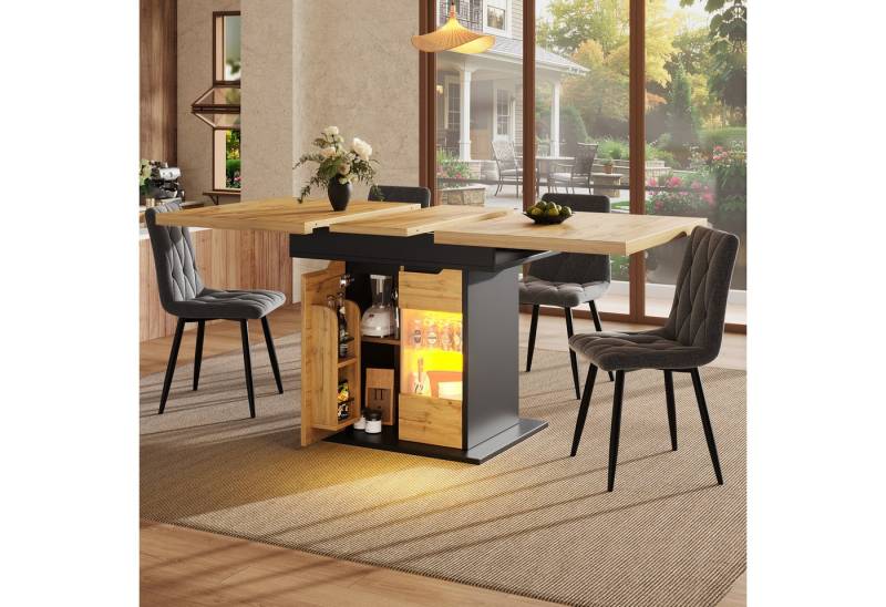 MODFU Esstisch Ausziehbarer Esstisch Teleskoptisch (mit LED-Beleuchtung, Snackablage & Stauraum für 4-6 Personen, Platzsparend, 1-St., 110-140*80*76cm) von MODFU