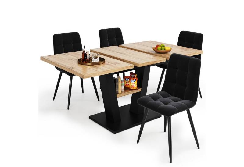 MODFU Esstisch Esstisch Teleskoptisch,Moderne Esstisch,Ausziehbar,Esszimmer-Set (Vielseitiges 5-teiliges Esstisch-Set (118-157 x 70 cm) mit ausziehbarem Tisch & 4 Stühlen – Ideal für Küche & Wohnzimmer, ergonomische Stühle, elegante MDF-Oberfläche und Samtpolster, für Familie und kleine Feiern, 118-157×70×75cm), Esstisch Teleskoptisch von MODFU