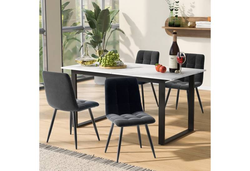 MODFU Esstisch Esstisch Teleskoptisch,Moderne Esstisch,mit Marmoroptik,Esstisch-Set (Essgruppe Set (140/180x80x75 cm) – Moderner Ausziehtisch mit 4 Samt-Stühlen, Weiße MDF-Tischplatte, Schwarze Metallbeine, Flexibel & Stabil, Ideal für Esszimmer & Küche, Für Familien & Gäste, 5-St., Tischplatte Mit Marmormustern) von MODFU