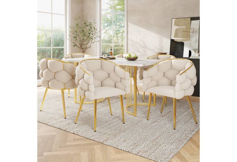 MODFU Esstisch Geschwungenes Küchentisch,Moderne Esstisch-Set Küchentisch (Elegantes 7-teiliges Esstisch-Set 140x80 cm mit 6 Stühlen, Marmortisch mit goldenen Beinen, Komfortable Sitzmöbel für Küche und Esszimmer., 7-St) von MODFU