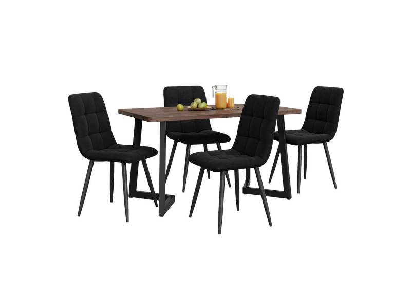 MODFU Esstisch Moderner Küchentisch Set,Essgruppe (Moderner 5-teiliges Essgruppen Set – Walnuss MDF Esstisch mit 4 Leinen-Stühlen, stabile Metallbeine) von MODFU
