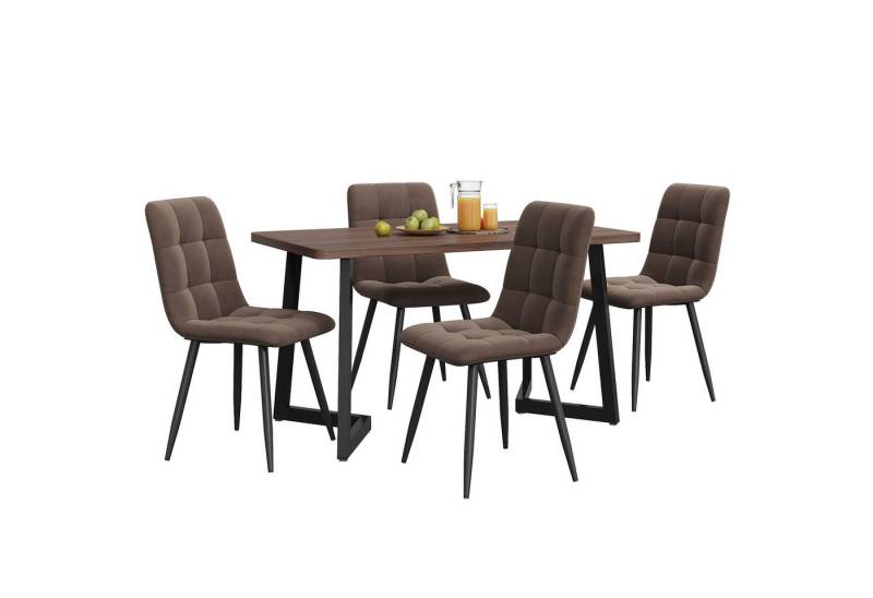 MODFU Esstisch Moderner Küchentisch Set,Essgruppe (Moderner 5-teiliges Essgruppen Set – Walnuss MDF Esstisch mit 4 Leinen-Stühlen, stabile Metallbeine) von MODFU