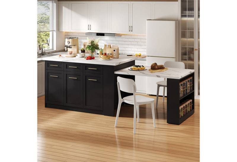 MODFU Esstisch Multifunktionale Kücheninsel mit Schubladen (Multifunktionale Kücheninsel mit 150 cm + 96 cm, Ausziehbarem Esstisch, Schubladen und Stauraum, Schwarze Marmorierte Arbeitsplatte, 1-St., L 150x B 90 x H 90cm) MODFU Esstisch Multifunktionale Kücheninsel mit Schubladen (Multifunktionale Kücheninsel mit 150 cm + 96 cm, Ausziehbarem Esstisch, Schubladen und Stauraum, Schwarze Marmorierte Arbeitsplatte, 1-St., L 150x B 90 x H 90cm) von MODFU