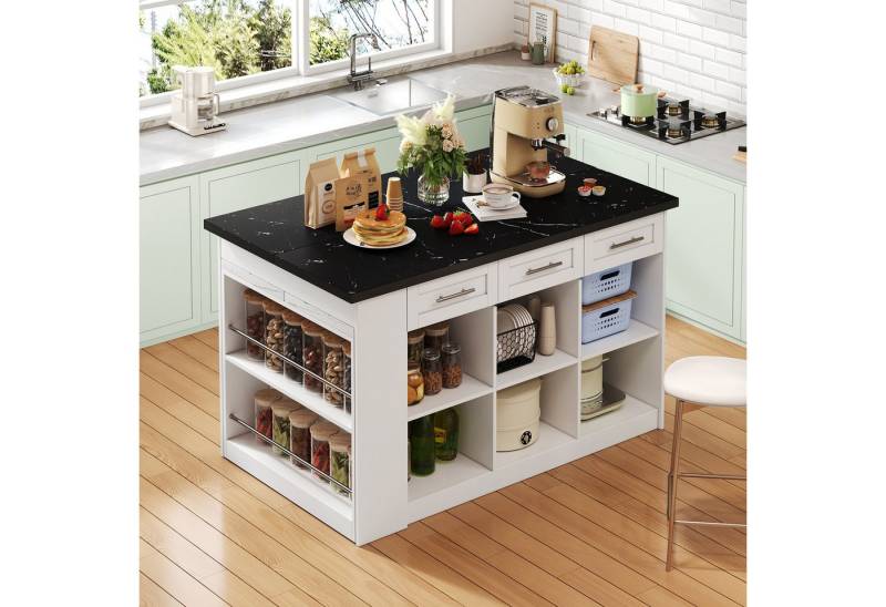 MODFU Esstisch Multifunktionale Kücheninsel mit Schubladen (Multifunktionale Kücheninsel mit 150 cm + 96 cm, Ausziehbarem Esstisch, Schubladen und Stauraum, Schwarze Marmorierte Arbeitsplatte, 1-St., L 150x B 90 x H 90cm) MODFU Esstisch Multifunktionale Kücheninsel mit Schubladen (Multifunktionale Kücheninsel mit 150 cm + 96 cm, Ausziehbarem Esstisch, Schubladen und Stauraum, Schwarze Marmorierte Arbeitsplatte, 1-St., L 150x B 90 x H 90cm) von MODFU