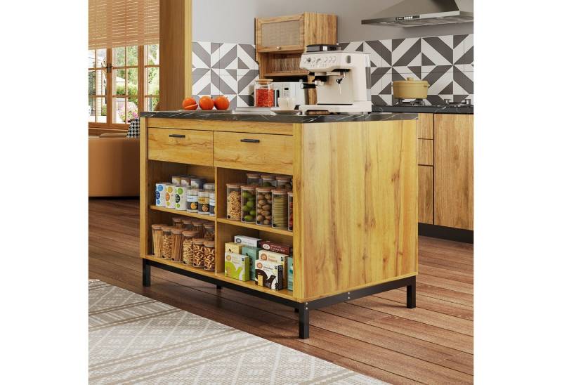 MODFU Esstisch Multifunktionale Kücheninsel mit Schubladen (mit 4 Regalen, schwarze Marmor-Arbeitsplatte & Barbereich, 1-St., 120×75×90cm) von MODFU