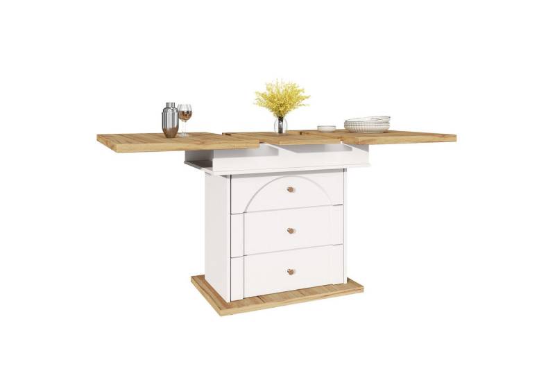 MODFU Esstisch Multifunktionaler Ausziehtisch mit Schublade (Ausziehbarer Teleskoptisch 110-140 cm, Multifunktional mit Stauraum & Soft-Close Klapptür) von MODFU