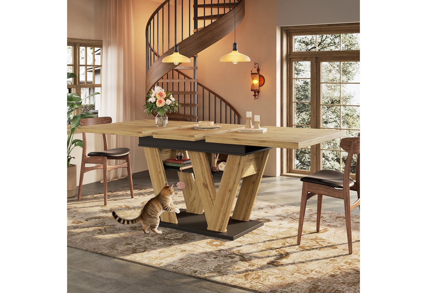 MODFU Esstisch Teleskoptisch,Moderne Esstisch,Ausziehbar,Esszimmer-Set (Flexibler Küchentisch mit Stauraum, Holzfarbener Tisch mit W-förmigen Beinen, 1-St., 119-158,5×80cm), Esstisch Teleskoptisch von MODFU