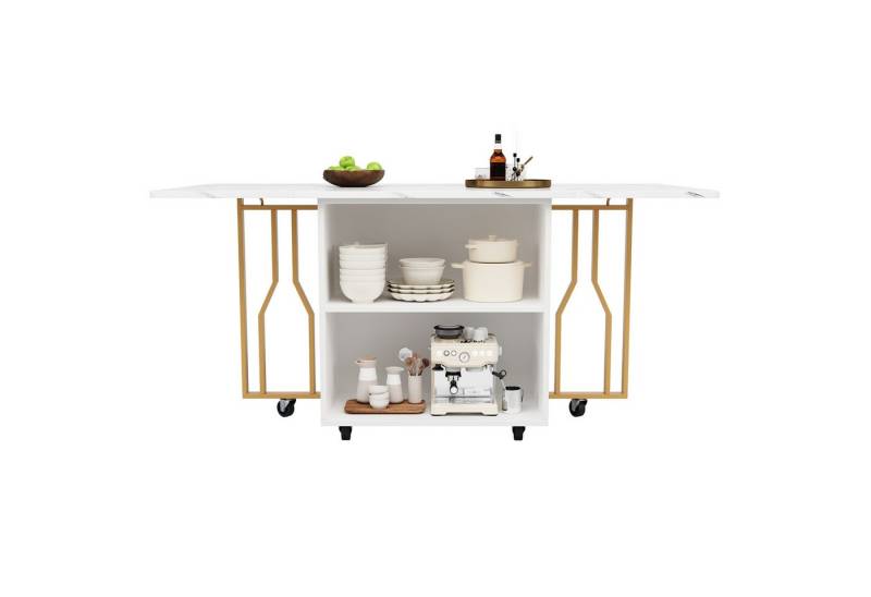 MODFU Esstisch Tragbarer klappbare Esstisch,verstellbare Trennwände (Tragbarer Esstisch mit klappbarer Marmor-Tischplatte, verstellbaren Trennwänden und Stauraum – Flexibel und platzsparend mit 6 Rollen (2 feststellbar), für Esszimmer, Wohnzimmer, flexibel für Familie und Gäste, 80-140*75*76.3CM), mit klappbarer von MODFU