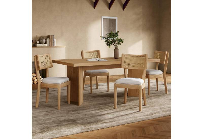 MODFU Esszimmerstuhl Massiver Holzstuhl mit Rattan-Rückenlehne (Set, 4 St), hochwertige Handwerkskunst, abgerundete Ecken von MODFU