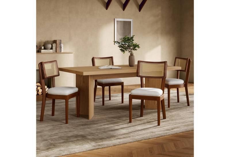 MODFU Esszimmerstuhl Massiver Holzstuhl mit Rattan-Rückenlehne (Set, 4 St), hochwertige Handwerkskunst, abgerundete Ecken von MODFU