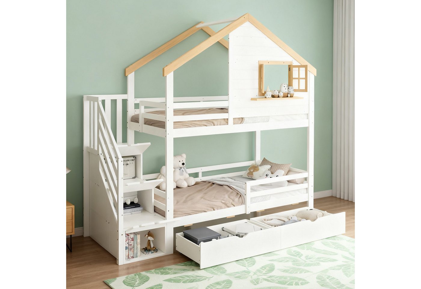 MODFU Etagenbett Haus-Design & Treppenschubladen (Kinderbett, Sicherheit & Spielecke in einem, Holzbett 90 × 200 cm), Inklusive Matratze von MODFU