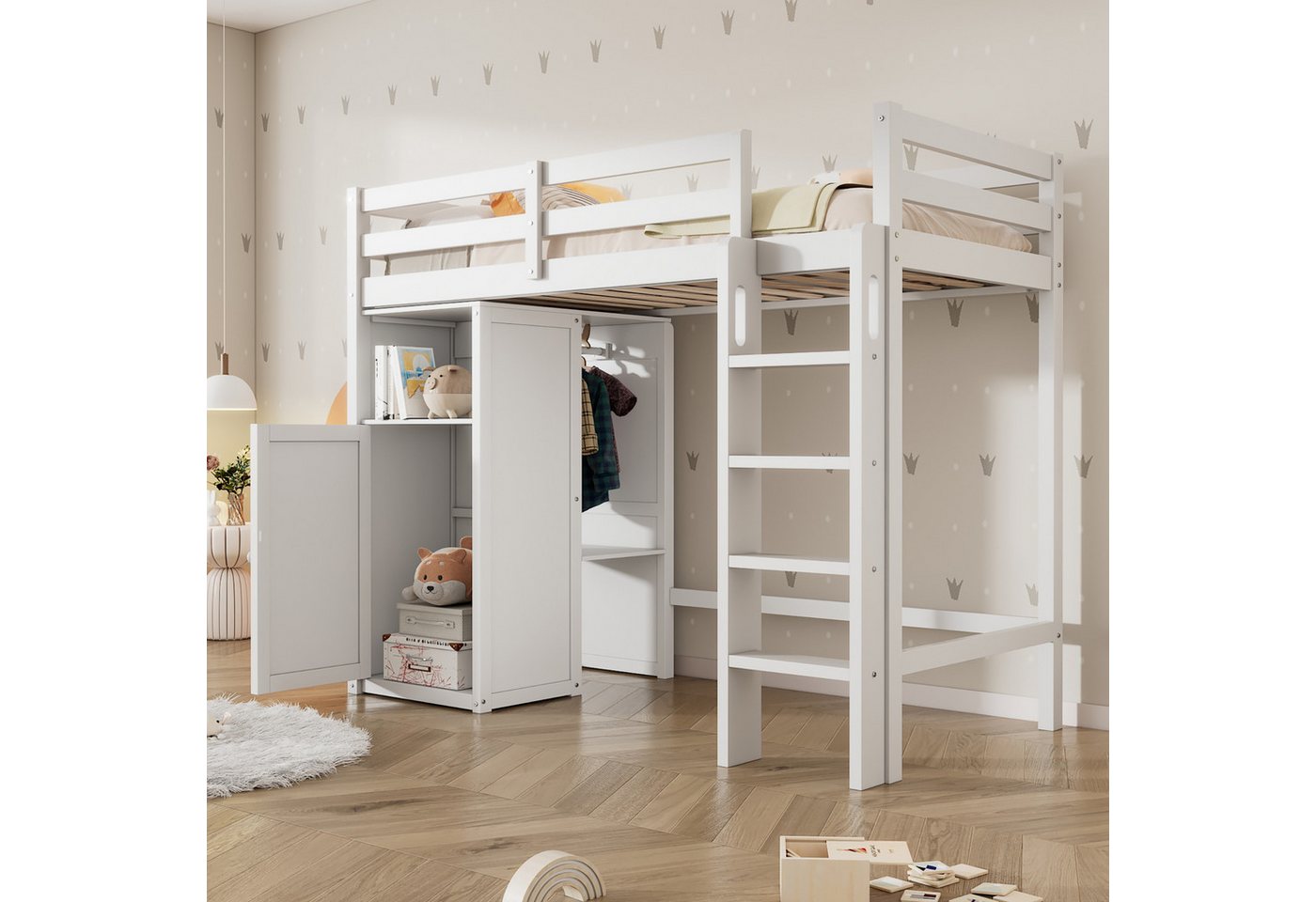 MODFU Etagenbett Holzbett Kinderbett (mit Lattenrost und Rausfallschutz), mit Kleiderschrank und Regalen, ohne Matratze, 108*206*150cm von MODFU