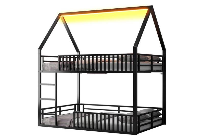 MODFU Etagenbett Kinderbett,Gästebett,Jugendbett (140x200 cm Haus-Etagenbett mit LED-Licht & Zaunstil-Geländer – Kinderfreundliches Design mit Spielbereich) von MODFU