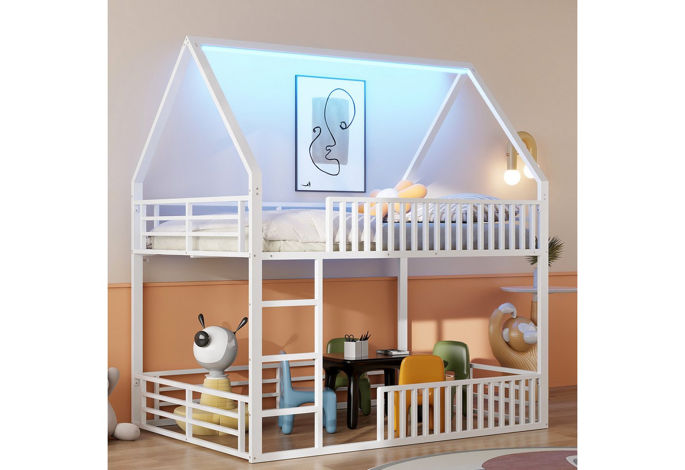 MODFU Etagenbett Kinderbett,Gästebett,Jugendbett (Haus-Etagenbett mit LED-Licht & Zaunstil-Geländer – Kinderfreundliches Design mit Spielbereich., 1-St., 140x200 cm) von MODFU