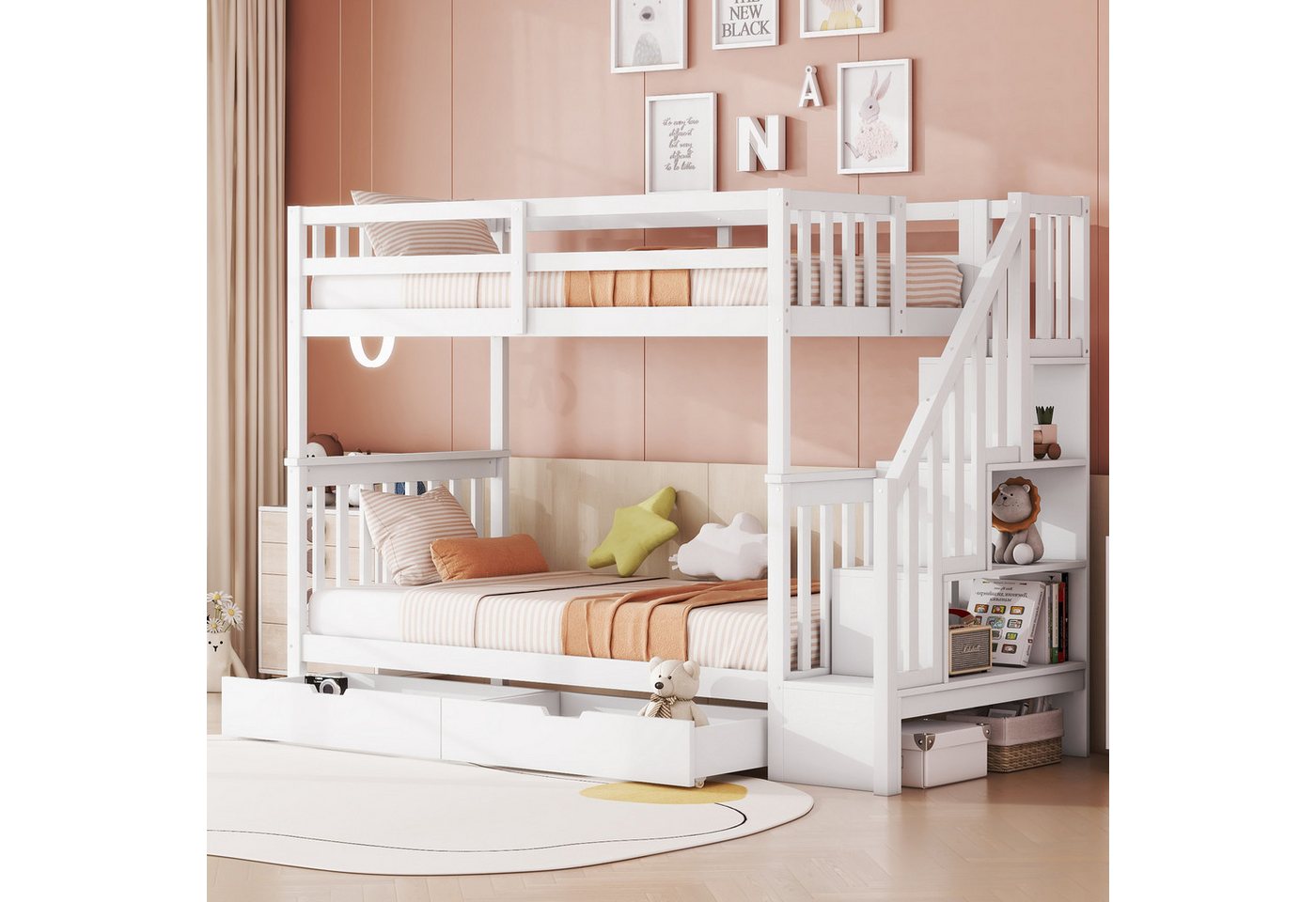MODFU Etagenbett Kinderbett (Treppenregal, ausgestattet mit zwei Schubladen, hohe Geländer, 90*200cm), ohne Matratze von MODFU