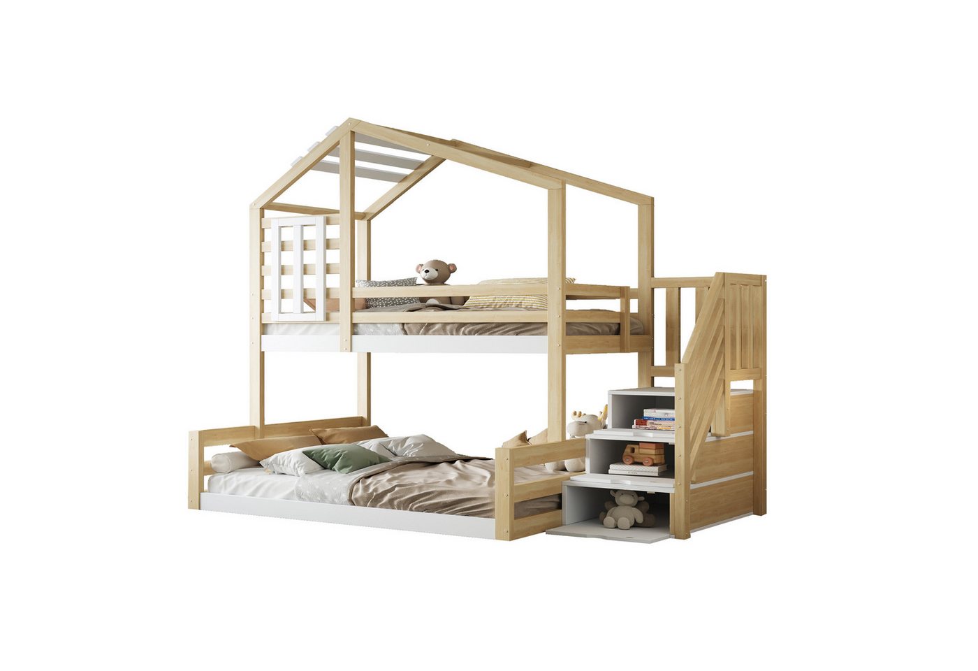 MODFU Etagenbett Stauraumbett,Funktionsbett,Doppelbett (Etagenbett aus Kiefernholz mit Fenster und Geländer, inkl. Stauraum-Treppe, 90x200cm & 140x200cm), ohne Matratze von MODFU