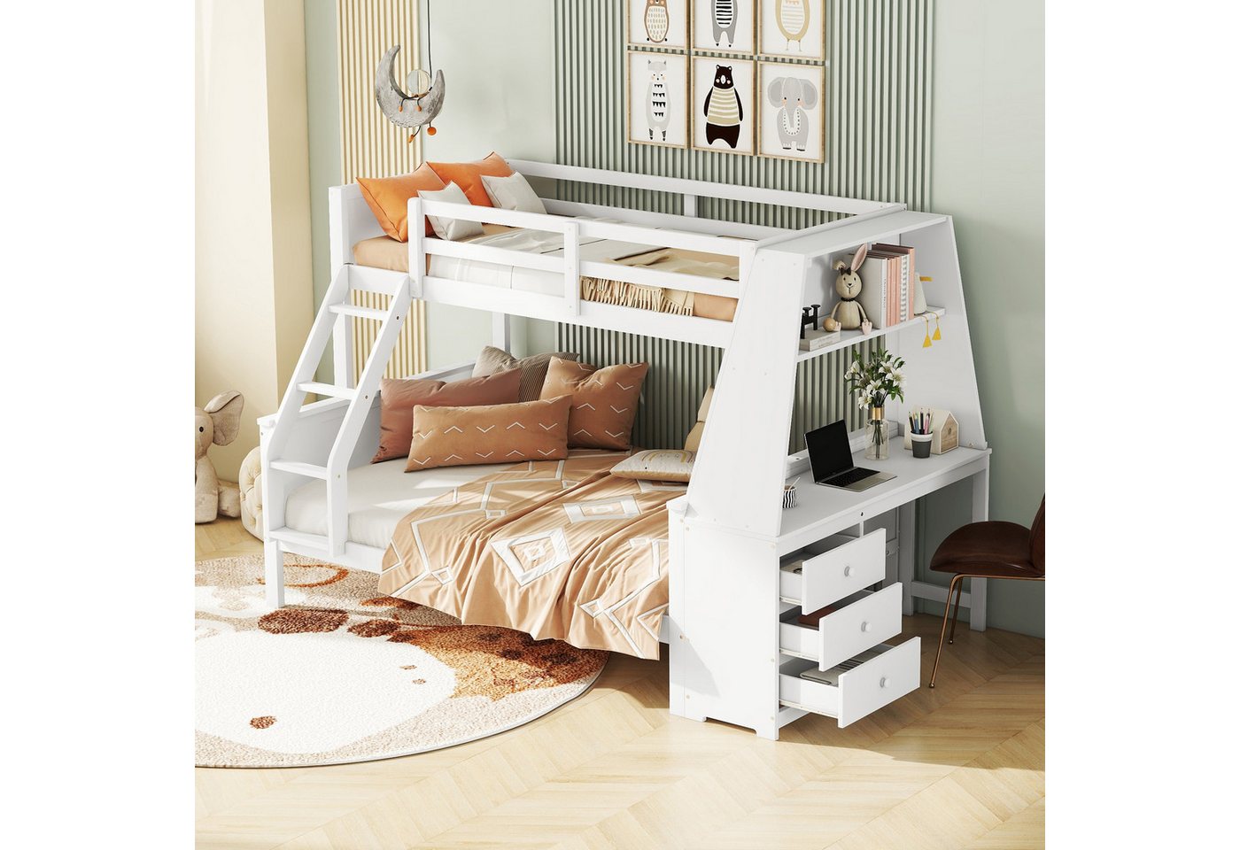 MODFU Etagenbett ausgestattet mit Tisch, großer Stauraum, hohes Geländer (Kinderbett 90*200cm140*200cm), ohne Matratze von MODFU