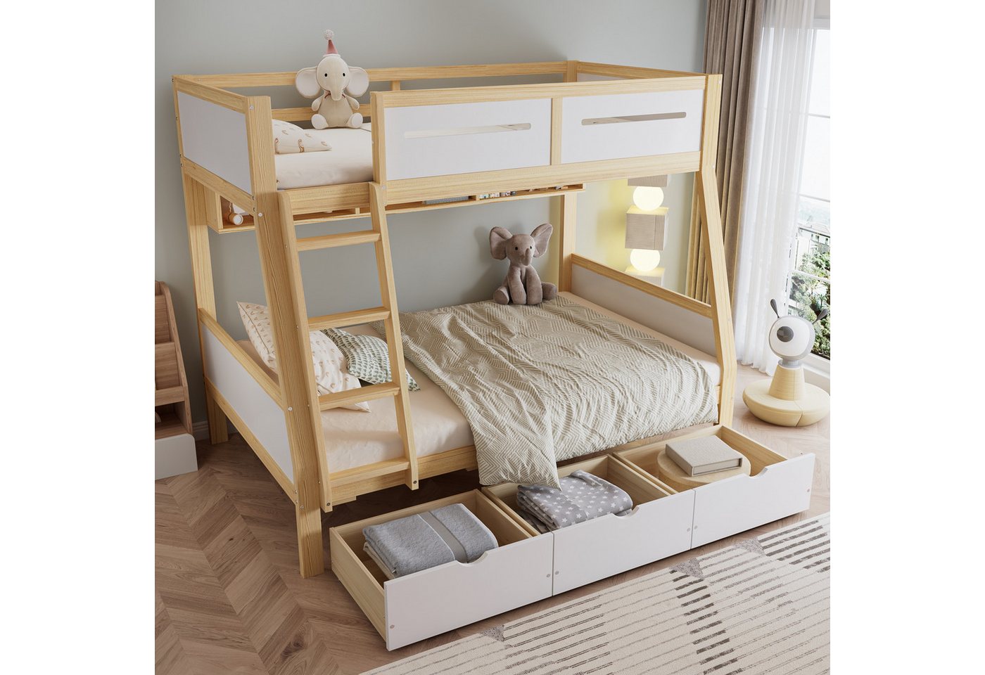 MODFU Etagenbett mit 3 Rollschubladen & 2m Bücherregal (Kinderbett mit sichere Umzäunung und Trittleiter, Holzbett 90x200 & 120x200 cm), ohne Matratze von MODFU
